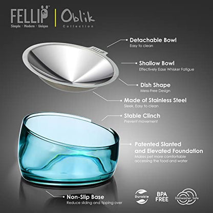 Felli Pet Oblik Whisker Fatigue Cat Food Bowl Raised Stainless Steel Shallow Dish, Pet Design Anti Vomit Tilted Metal Plate Feeder Elevated Acrylic Base(Sapphire, 0.5 Cups Shallow Dish) - color: Sapphire, size: 0.5 Cups Shallow Dish