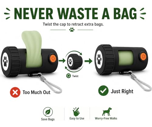 Poop Bag Holder With LED Flashlight USB-C Rechargeable No Batteries Needed Unique Retracting Function Compact Durable Lightweight Includes 15 bags and Charging Cable