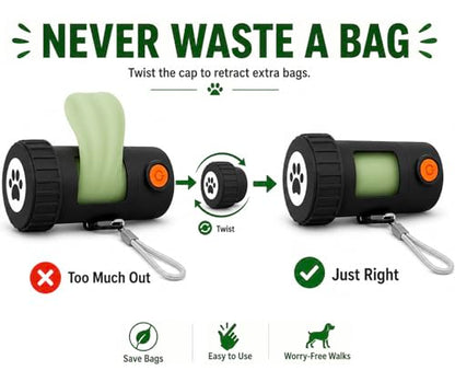 Poop Bag Holder With LED Flashlight USB-C Rechargeable No Batteries Needed Unique Retracting Function Compact Durable Lightweight Includes 15 bags and Charging Cable