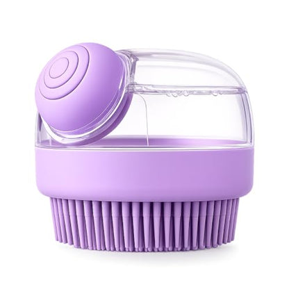 Dog Bath Brush with Shampoo Dispenser | Silicone Pet Grooming Scrubber for Dogs Cats and Puppies | Rubber Curry Tool for Bathing Deshedding and Massage | Easy Grip One Handed Design - color: Purple