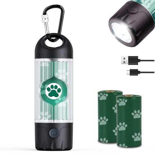 Tubasion 3-in-1 Dog Poop Bag Holder with Flashlight 7-Color, USB-C Rechargeable doggie bag holder for leash, IPX6 Waterproof Anti-Slip Clip Pet Waste Bag Dispenser for Walking (1 Dispenser, 30 Bags) - style: 1 Dispenser, 30 Bags