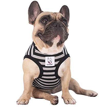 iChoue French Bulldog 100% Breathable Cotton Striped T Shirts Halloween Vest Clothes for Medium Dogs Tank Tops Frenchie Pug English Boston Terrier Pitbull Grey Black Stripes - Large - color: Classic Stripe Black Grey, size: Large ( 25 - 35 lbs )