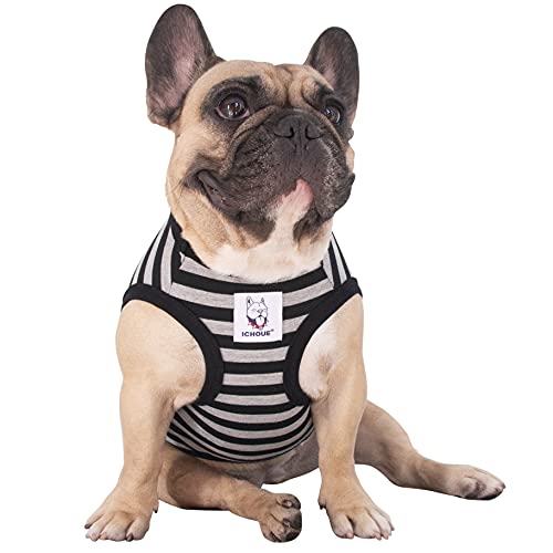 iChoue Pug 100% Breathable Cotton Striped T Shirts Halloween Vest Clothes for Medium Dogs Tank Tops Puppy French Bulldog Frenchie English Boston Terrier Pitbull Grey Black Stripes - Small - color: Classic Stripe Black Grey, size: Small ( 5 - 15 lbs )
