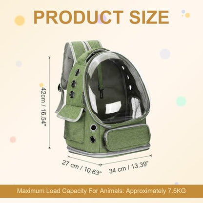 Pet Backpack Carrier, Portable and Ventilated, Oxford Cloth, Dog Cat Travel Bag with Transparent Cover 13.39", (Green, 1 Pcs), Intended for Hiking/Camping/Traveling - color: Green