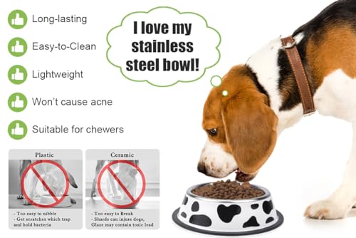Stainless Steel Dog Bowls, Food and Water Non Slip Anti Skid Stackable Pet Puppy Dishes for Small, Medium and Large Dogs (2 Pack) - color: Milk Cow, size: 1.5 Cup/12 oz