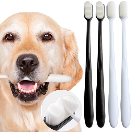 Dog Toothbrush Kit 4 Pack, Ultra Soft Dog Tooth Brush for Medium to Large Dogs & Cats, Pet Tooth Brushing Kit for Easy Dental Cleaning, Soft Bristles, 2 Black Wave Head & 2 White Flat Head - style: Medium to large dogs(4pcs,white-black)