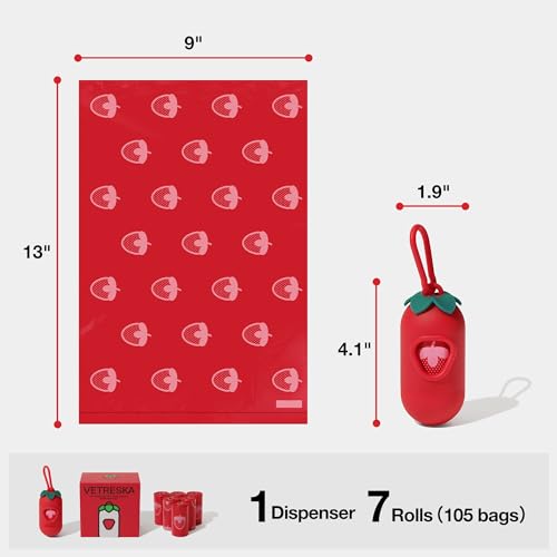 VETRESKA Dog Poop Bag Dispenser with Strawberry Scented Bags, Leak Proof, Extra Thick and Large Pet Waste Bags,1 Count Bag Holder and 105 Bags (7 Refill Rolls) for Walking Dog and Cats Litter, Red - size: 1 Count (Pack of 105), style: Strawberry
