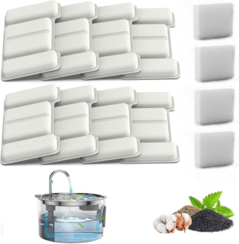 Replacement Filters for Pawdrate Dog Water Fountain – 8 Carbon Filter Cartridges & 4 Foam Filters for 3.2L Pet Water Fountain, Clean Water Filtration System