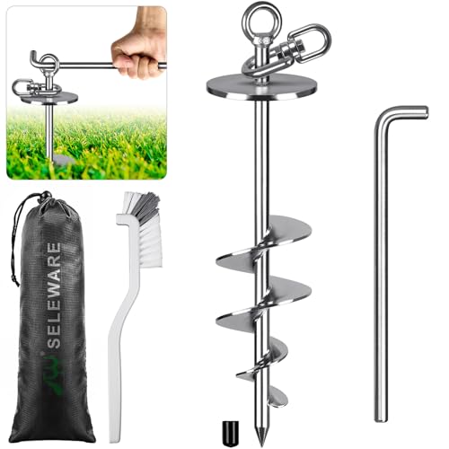 SELEWARE Heavy-Duty Dog Tie Out Stake – 17" Rust-Proof Swivel Anchor for Large Dogs (Up to 220 lbs) | No-Tangle, Easy Install with Torsion Bar, Secure for Yard, Camping & Beach - color: Silver-E, size: L stake only