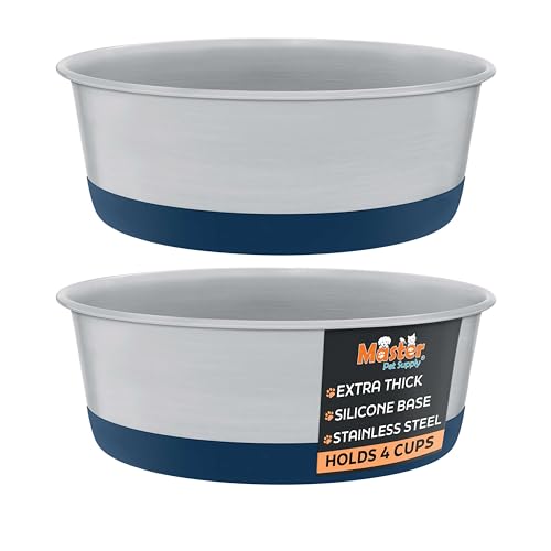 Master Pet Supply Stainless Steel Dog Bowls Set of 2 with Extra Thick Silicone Base - 4 Cup (32 oz) Navy Blue, Non-Slip, Dishwasher Safe Metal Bowls, Pet Dog Food Bowl for Dogs, Cats, Anti Rust - color: Navy Blue, size: 4 Cups (32 oz) 2 Pack