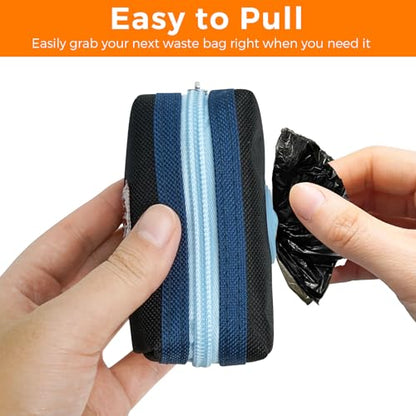 Dog Poop Bag Holder Zippered Pouch, Portable Dog Poop Bag Dispenser with 1 Metal Clip, Fashion Color Matching Canvas Waste Bag Holder for Leashes - Blue & Black - color: 2 Pack-Blue & Black