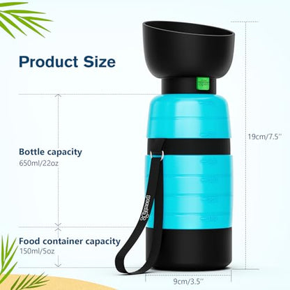 Pecute Upgraded 22 oz Dog Water Bottle with 5 oz Food Container, Portable Dog Travel Water Bottle Dispenser, Leakproof, BPA Free, Lightweight, Pet Water Bottle Bowl for Outdoor Walking Hiking Camping | Portable, Leakproof, BPA Free, Foldable bowl, Lightwe
