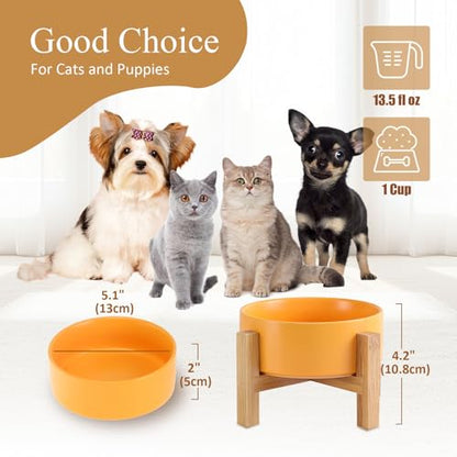 Elevated Ceramic Cat Bowl - Cat Food Bowl with Bamboo Stand - Raised Dog Dish for Puppies - Anti Vomiting, Stress Free - 13.5 oz / 400 ml - Yellow - color: Yellow, size: Small