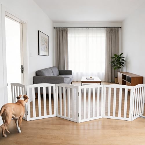 Freestanding Dog Gate Indoor,Doggie Gate Foldable Dog Gates for Doorways,Stairs or Hallways, Wooden White Pet Gate for the House, Pet Fence with Support Feet Included,24 "Height-6 Panels - color: White, size: 【6 Panels】120‘’w x 24''h