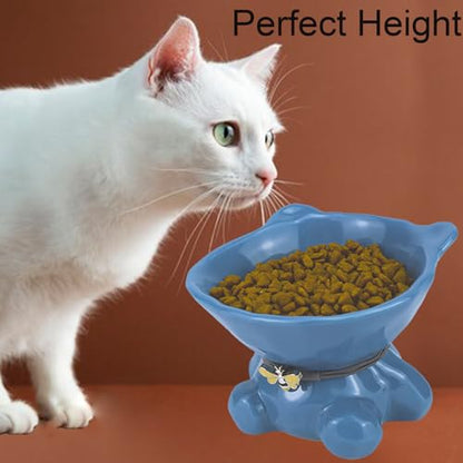 Cat Bowl Elevated Cat Bowls Whisker Friendly Cute Ceramic Tilted Food Bowls for Indoor Cats 5.4 Inch Wide 15° Raised Kitten Supplies Dishwasher and Microwave Safe Blue Cats Water Bowl - color: Blue Cute Ceramic Cat Food Bowl