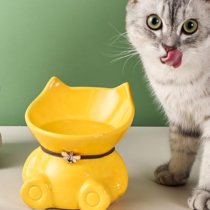 Disoza Ceramic Raised Cat Bowls for Indoor Cats 5.8 Inch White Cute Elevated Food Bowls 15° Tilted Whisker Friendly Water Bowl Dishwasher Safe Puppy Feeding Set Supplies Dog Accessories - color: White Cute Elevated Cat Food Bowls