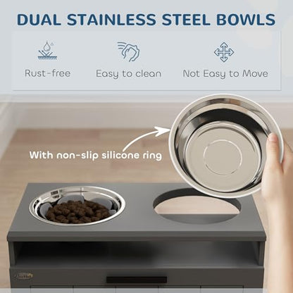 PawHut Elevated Dog Bowls, Raised Dogs Bowl Stand with 2 Stainless Steel Bowls, Storage Drawer and Slow Feeder Mat, Dog Feeding Station for Large and Extra Large Dogs, Gray