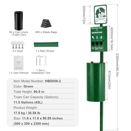 Happybuy Dog Waste Station, Commercial Pet Poop Station, 11.5 Gallon Waste Bin with 50 Can Liners, Bag Dispenser & 600 Waste Bags, Outdoor Dog Waste Disposal System for Backyard Use