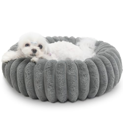 Donut Dog Bed for Small Dogs & Cats - Comfort Anti-Anxiety Calming, Washable & Anti-Slip, Cozy Soft Round Pet Beds for Puppy & Kitty, 19x19 Inch, Warm Grey - color: Warm Grey, size: 19"L x 19"W x 5"Th
