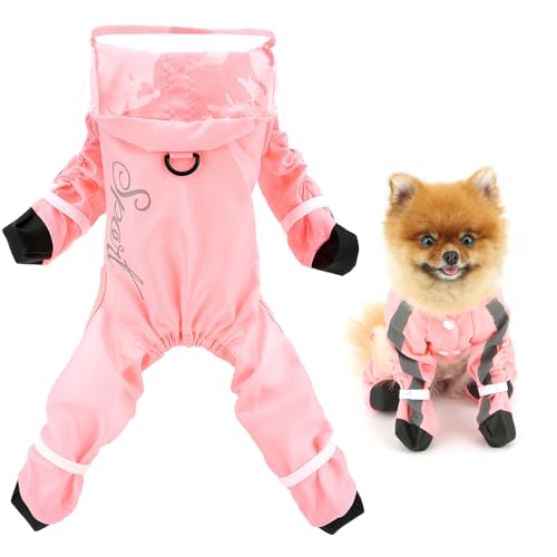 SMALLLEE_LUCKY_STORE Waterproof Raincoat for Small Dogs with Clear Hood Boots Puppy Rain Jacket with D-Ring Reflective Stripe Full Boby 4 Leg Jumpsuit Rain Coat Rain Jacket Slicker Rainwear Pink M - color: pink, size: M