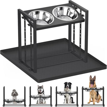 Elevated Dog Bowls for Medium Breed: 4 Height Adjustable Raised Dog Bowl with Metal Stand, Feeder Station with 2 Stainless Steel Bowls, Black with Feeding Mat - color: Grey+Mat