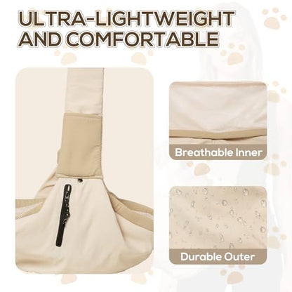 Dog Carrier Sling for Small Dogs/Cats Up to 15 lbs - Multi-Pocket Oxford Pet Sling Carrier Bag with Adjustable Strap (Beige) - color: Beige