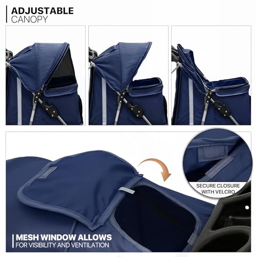 MoNiBloom 3 Wheels Pet Stroller, Foldable Dog Cat Cage Jogger Stroller with Weather Cover for All-Season, Storage Basket and Cup Holder, Breathable and Visible Mesh for Small/Medium Pets, Blue - color: Navy Blue