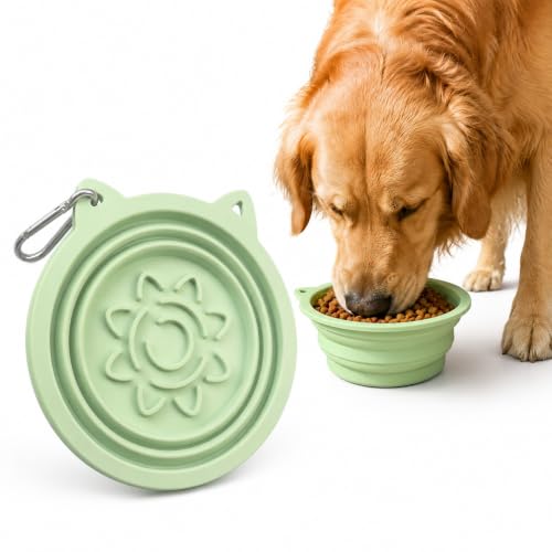 Collapsible Dog Bowls 2 Pack (22oz Each) – Portable Foldable Silicone Travel Bowl Set with Slow Feeder & Carabiner Clip for Hiking Camping Backpack | Dishwasher Safe | for Medium Dogs