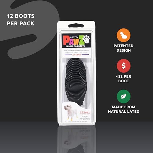 PawZ Rubber Dog Boots for Small Paws - All-Weather Waterproof Dog Shoes, Anti-Slip Traction for Rain, Snow, Mud & Hot Pavement - Pull-On Dog Booties, Black - XX-Small (1"-1.5") - Pack of 24 - size: XXS