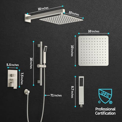 SR SUN RISE Shower System with 10" Rain Showerhead, Square Handheld Showerwith 16-Inch Slide Bar and 71-Inch Hose, Wall Mounted Shower Faucet Set Included Valve and Trim Kit, Brushed Nickel - color: Brushed Nickel, style: 10"