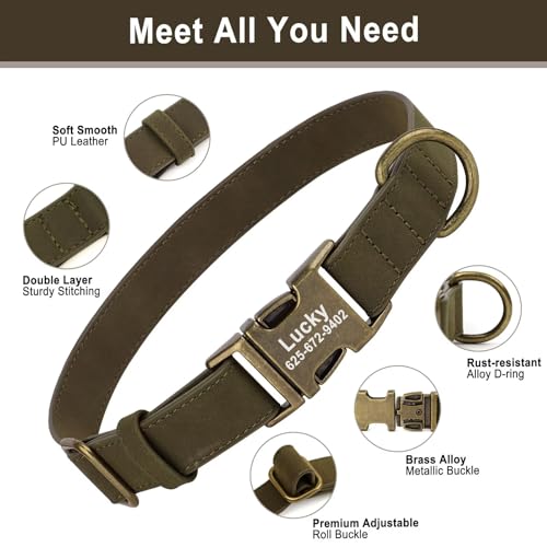 Personalized Dog Collars for Medium Dogs, Custom Soft PU Leather Dog Collar with Engraved ID Name and Number, Adjustable & Durable Pet Collars with Quick Release Metal Buckle,M(13-21") - color: Deep Green-Engraving, size: Medium: Fit 13-21" Neck