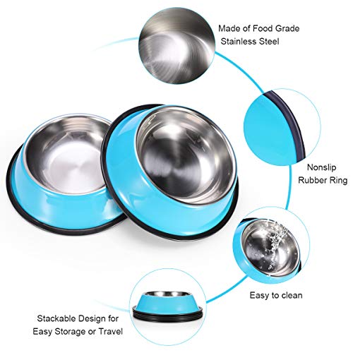Stainless Steel Dog Bowls, Food and Water Non Slip Anti Skid Stackable Pet Puppy Dishes for Small, Medium and Large Dogs (2 Pack) - color: Blue, size: 1.5 Cup/12 oz