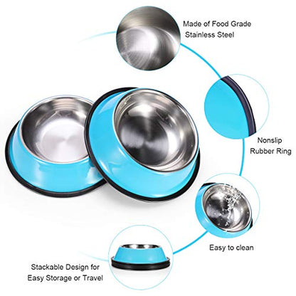 Stainless Steel Dog Bowls, Food and Water Non Slip Anti Skid Stackable Pet Puppy Dishes for Small, Medium and Large Dogs (2 Pack) - color: Blue, size: 1.5 Cup/12 oz