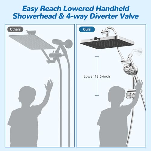 Hibbent cUPC Certified 13'' Shower Head Combo, High Pressure 5 Spray Rainfall Showerhead, 10 Spray Mode Handheld, All Metal Easy Reach 4-way Diverter Arm with Pause Mode, 71'' Hose and Holder, Chrome - color: Chrome, style: Square 13"