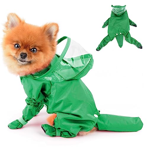 PAIDEFUL Small Dog Full Body Coverage Raincoat Solid Four-Leg Onesie Rain Jacket Waterproof Hoodie Puppy Clothes Button Lightweight Cats Costume, Green, XXL - color: green, size: XXL: Chest: 23.6", Back: 17.7"