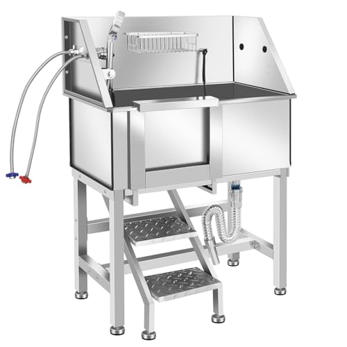 Stainless Steel Dog Washing Station, Pet Grooming Tub W/Storage Stairs, Faucet & Showerhead & Soap Holder Dog Bathtub for Large & Medium & Small Pets,34" L-RAMP - color: 34" L-RAMP