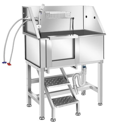 Stainless Steel Dog Washing Station, Pet Grooming Tub W/Storage Stairs, Faucet & Showerhead & Soap Holder Dog Bathtub for Large & Medium & Small Pets,34" L-RAMP - color: 34" L-RAMP