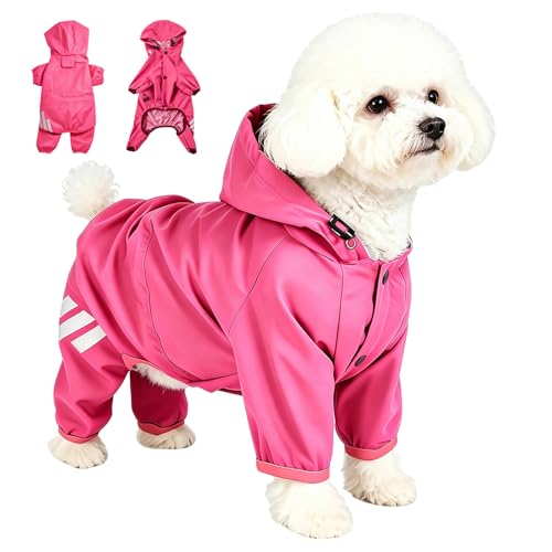 Dog Raincoat Waterproof Windproof Full Body Pet Jacket, Adjustable Reflective Puppy Rain Suit with Leash Hole, Lightweight Foldable Dog Coat for Small Medium Dogs(Pink, M) - size: M(Length 12'')