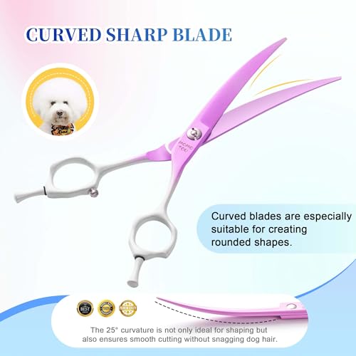 7'' Curved Dog Grooming Scissors Violet to White Gradient | 440C Stainless Steel, Sharp Durable, Professional or Home Use, Ergonomic Handle with 2 Silicone Finger Rings - color: Violet