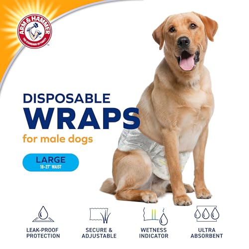Arm & Hammer Large Male Dog Wraps, Disposable Belly Band Diapers with Baking Soda Odor Control, Super Absorbent Leak Resistant Design for Marking and Incontinence, 18-27 Inch Waist, 12 Count - size: Large