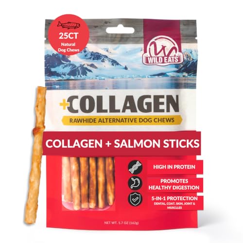 Wild Eats Real Salmon Collagen Bully Sticks for Dogs, 25 Pack, Long Lasting | Rawhide and grain free no hide chew treats, high protein recipe, satisfies natural gnawing urges, suits all breeds and sizes - size: 5.7 Ounce (Pack of 25)