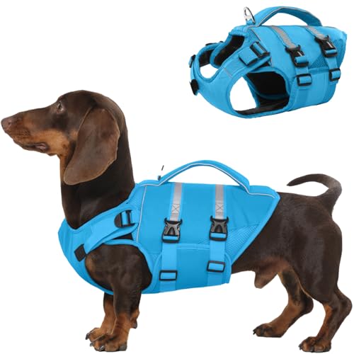 Kuoser Dog Life Jacket, High Flotation Dog Life Vest for Swimming Boating, Adjustable Ripstop Pet Lifesaver for Small Medium and Large Dogs, Reflective Safety Puppy Swimming Vest with Rescue Handle - color: Blue, size: Xs (Chest Girth:12.99-18.11'')