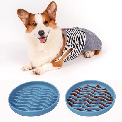 Slow Feeder Dog Bowls, Silicone Food Bowl Anti-Gulping, Pets Puppy Slow Feeder with Suction Cups, Dishwasher Microwave Safe for All Small Medium Dogs, Wave Design Blue - color: blue