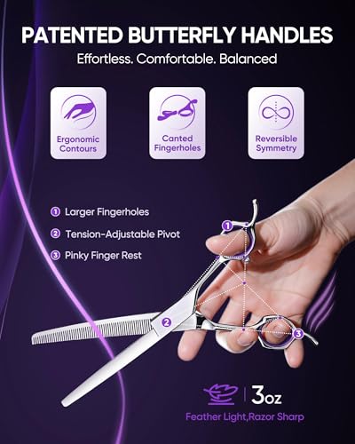 ULG 7.5” Dog Grooming Thinning Shears – 30° Curved Pet Thinning Scissors, Japanese 440C Stainless Steel, 60 V-Shaped Teeth, 25% Thinning Rate, Reversible Butterfly Handles, for Face, Nose, Eyes & Coat - size: Blender (25%)