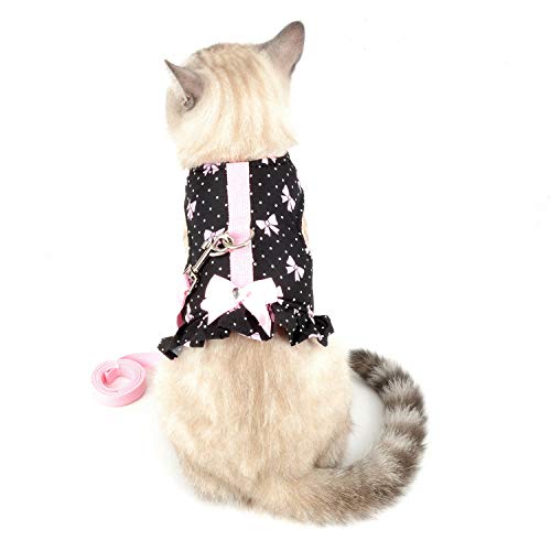 Zunea No Pull Small Dog Girl Harness Dress Escape Proof Cat Kitten Vest Harness Leash Set Step-in Soft Cotton Padded Polka Dot Jacket Chihuahua Puppy Clothes with Cute Bow for Walking Black XS - color: black bows, size: XS (Chest:12.2-13.7", Neck:8.2-9.4"