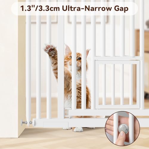 54"-87" Height Adjustable Extra Tall Cat Gate for Doorway, 27.1"-42" Extra Wide Pet Gate with Cat Door & Extension Kits, Pressure Mounted Dog Cat Barrier for Indoor Stairs, Studio, Kitchen (White)