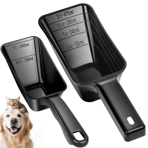 2 Pack Dog Food Scoop with 1 Cup and 2 Cup Capacity, Plastic Pet Food Measuring Scoops with Clear Measurement Lines for Dogs, Cats & More,Dishwasher safe (Black) - color: Black