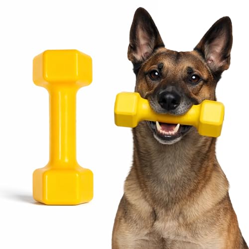 Virtually Indestructible Dog Dumbbell - Lifetime Replacement - Tough, Durable Chew Toy for Aggressive Chewers - Safe Non-Toxic Natural Rubber - Chew, Tug, Fetch - Med/Large Breed - 7"x2.5"