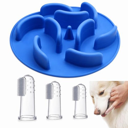 Slow Feeder Dog Bowl Insert – Silicone Anti-Choke Design with Suction Cups | Fits Most Bowls | Includes 3 Finger Toothbrushes for Pet Dental Care | Blue, Pink, Black - color: Blue