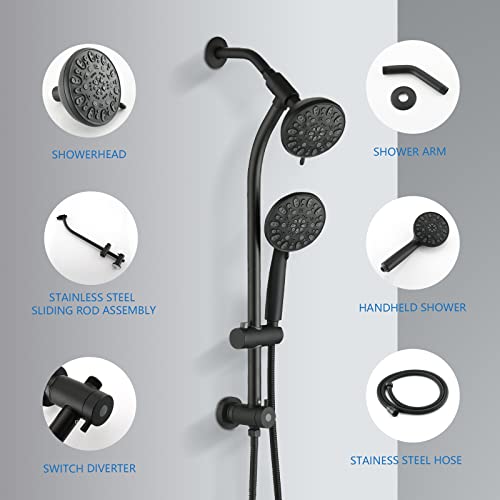 High Pressure 48-Settings Shower Head with Handheld Shower,Drill-Free 3-Way Diverter for Easy Reach,Adjustable Height Slide Bar Dual Shower Head Combo Set - Matte Black - color: Matte Black